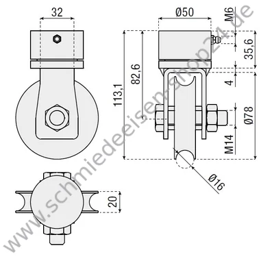 Torlaufrolle für Falttor mit drehbarem Stützbock, Rolle Ø 78 mm, U Ø 16 mm Profil, kugelgelagert, mit Schmiernippel
