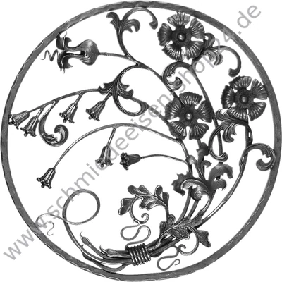 Blumen Ornament, handgeschmiedet, Rahmen aus Vierkantstahl □ 16 x 16 mm, kantengehämmert, Höhe 600 mm, Breite 600 mm